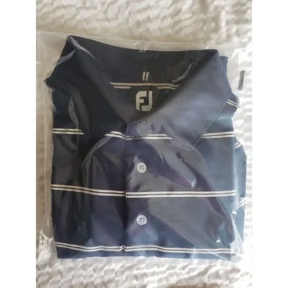 FootJoy FJ Shirt Polo Casual Mens M Medium Golf Polo Navy Blue w/ Striped - Picture 7 of 7